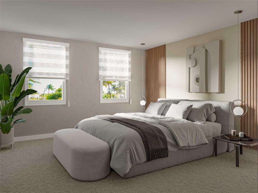 This is a rendering of a modern bedroom with a bed, bench, and slatted wood wall — 131 PEGASUS STREET, DAVENPORT, FL