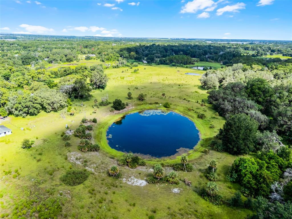 An aerial view shows a circular pond surrounded by grassy fields and patches of trees — 7466 VIVIAN LANE, ORLANDO, FL