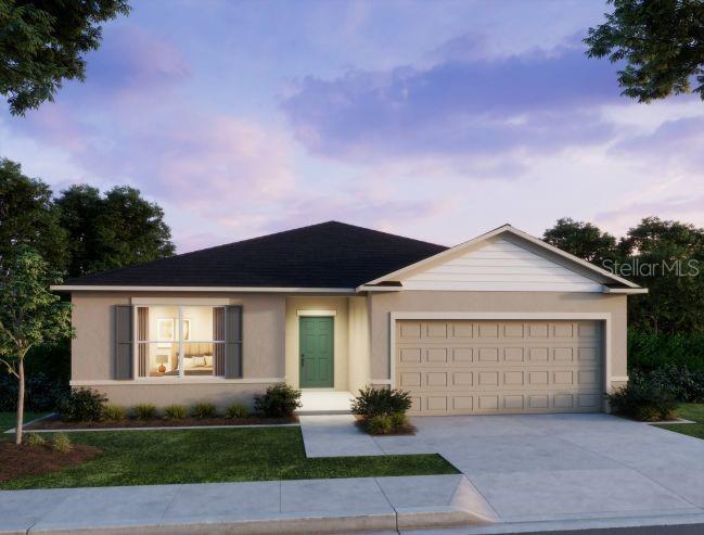 A digital rendering of a single-story suburban house with a teal front door and garage — 31563 WILD GRAPE LANE, BROOKSVILLE, FL