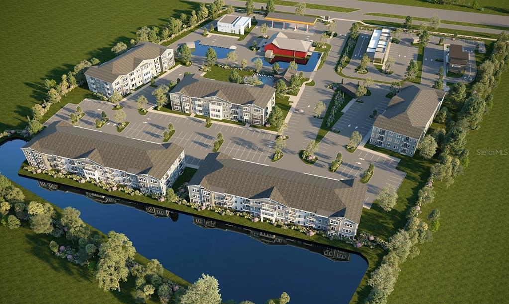 This is a digital rendering of a multi-building apartment complex with a central pond — 2901 S RIDGEWOOD AVENUE, EDGEWATER, FL