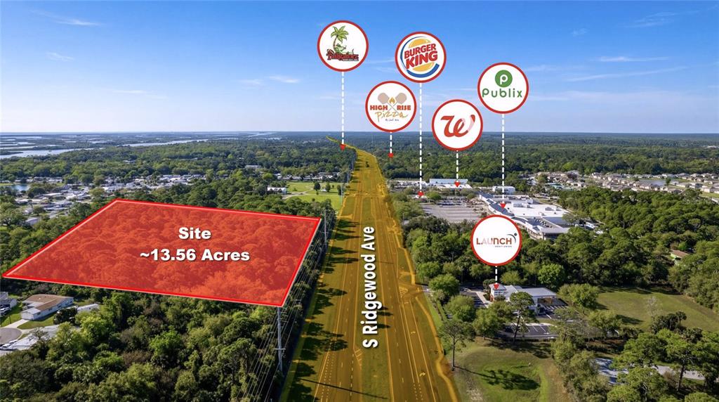 This aerial map shows a wooded 13.56-acre site adjacent to a road with nearby businesses — 2901 S RIDGEWOOD AVENUE, EDGEWATER, FL