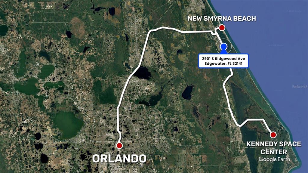 This map shows the driving routes between Orlando, New Smyrna Beach, and Kennedy Space Center — 2901 S RIDGEWOOD AVENUE, EDGEWATER, FL