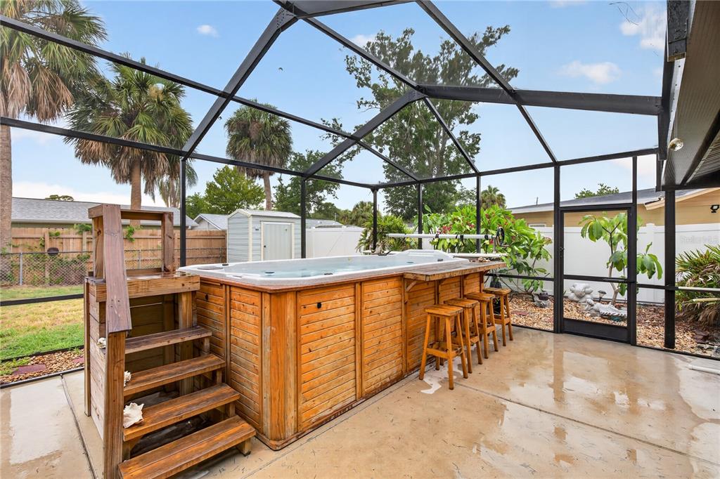 A screened-in patio features a large wooden-encased swim spa with bar seating and stairs — 5010 STOLLS AVENUE, TAMPA, FL