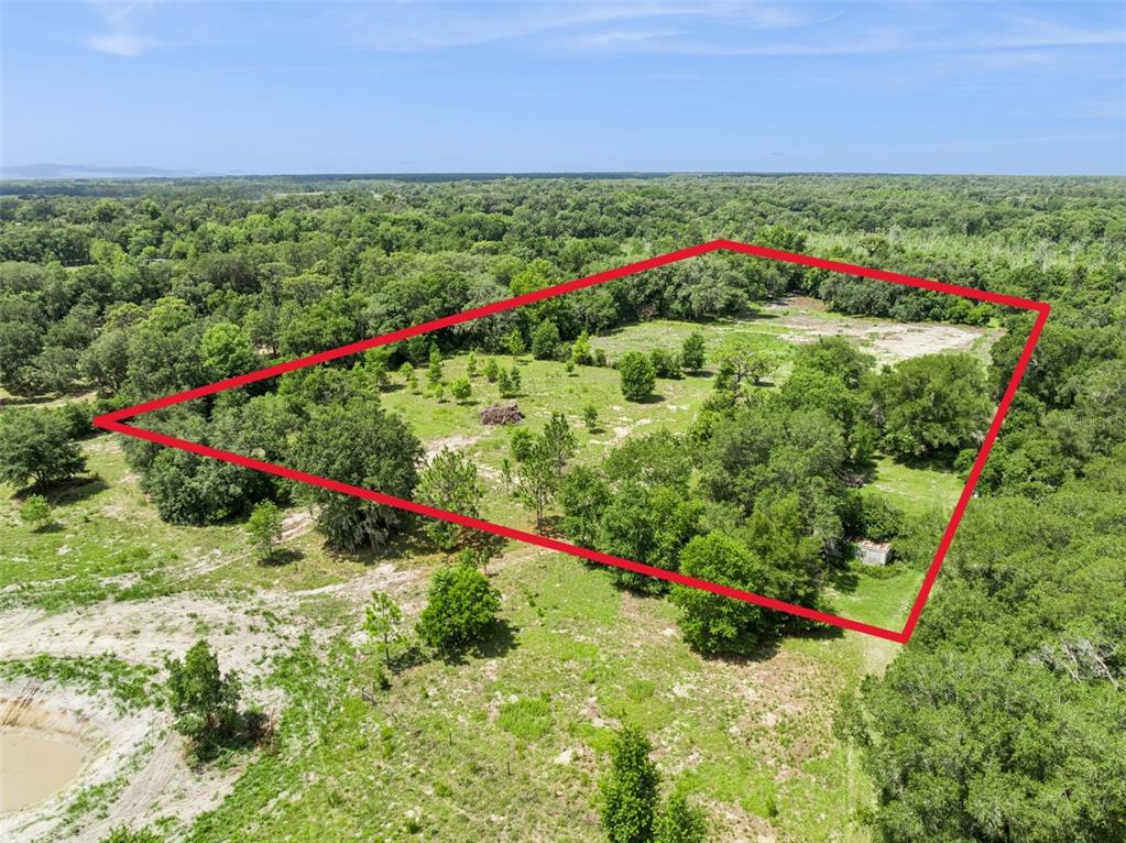 An aerial view shows a rectangular plot of land outlined in red amidst wooded surroundings — 2040 HOLLY HAMMOCK ROAD, DE LEON SPRINGS, FL