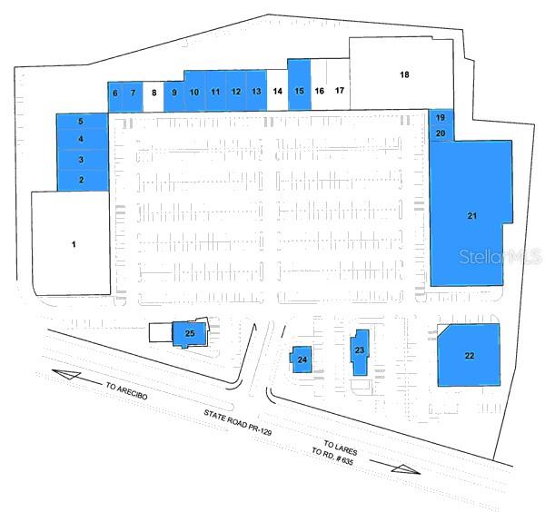 This is a site plan map showing the layout of a shopping center with numbered units — State Road PR-129 KM. 7.0, ARECIBO, PR
