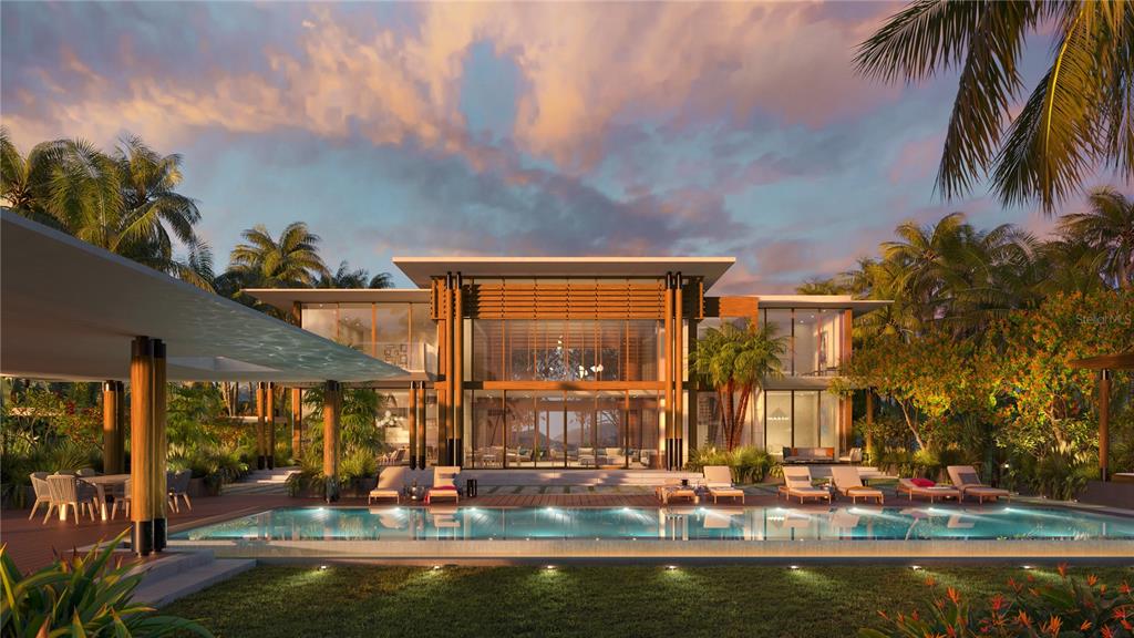 This is a rendering of a modern luxury home exterior with a swimming pool at sunset — 600 AMANE ESTATES, COCO BEACH BLVD UNIT 1, RIO GRANDE, PR