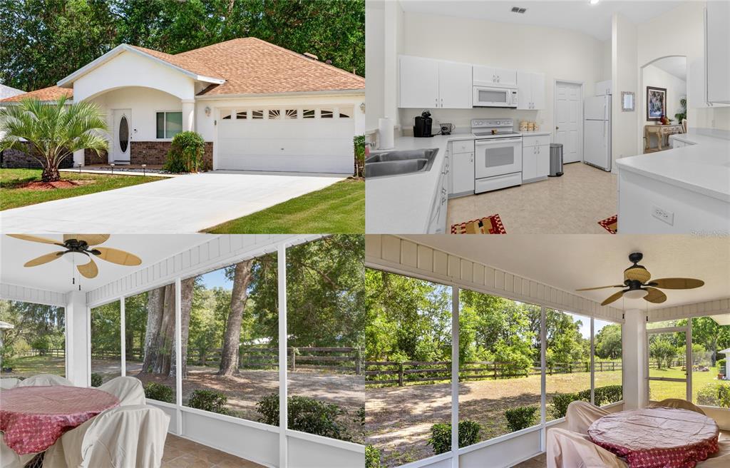 A collage showing a house exterior, a white kitchen, and a screened-in porch — 6032 SW 103RD LOOP, OCALA, FL