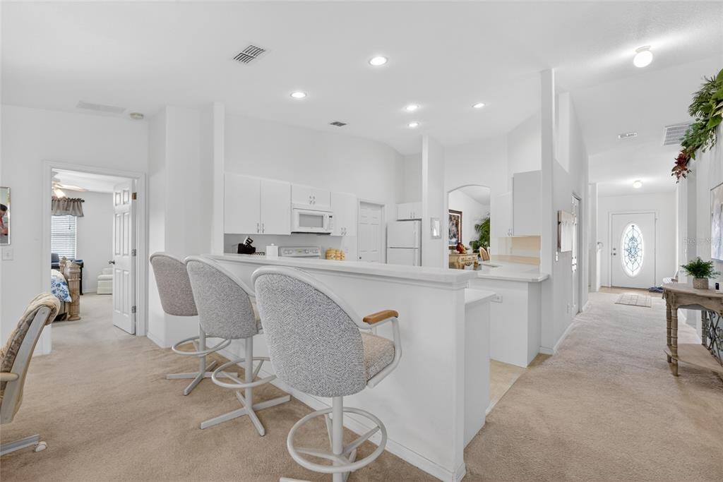 A kitchen with white cabinets and a breakfast bar overlooks a carpeted living area — 6032 SW 103RD LOOP, OCALA, FL