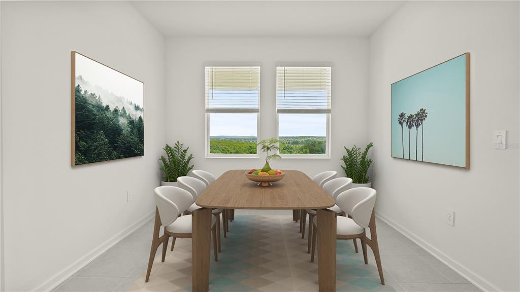 This is a digital rendering of a dining room with a wooden table and six chairs — 3180 NAMASTE DRIVE, CLERMONT, FL