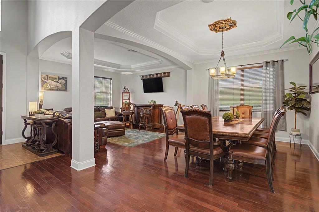 A dining room with a wooden table and chairs opens into a living area with a bar — 3038 MARBLE CREST DRIVE, LAND O LAKES, FL
