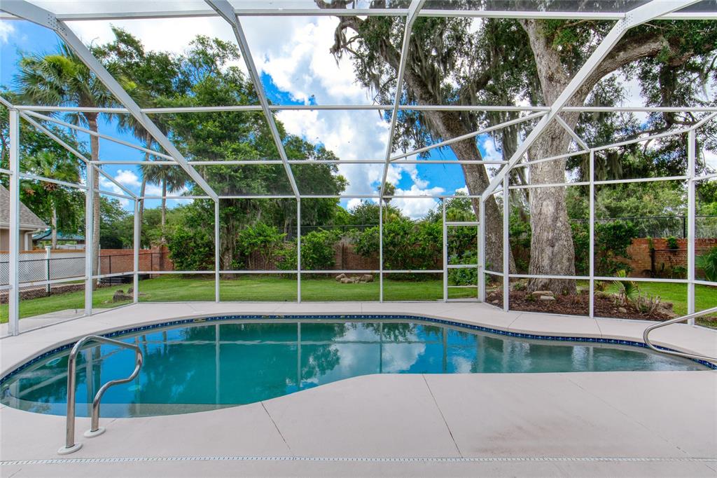 A swimming pool enclosed by a screened lanai with a backyard and large trees — 5 WATERCLIFF LANE, ORMOND BEACH, FL