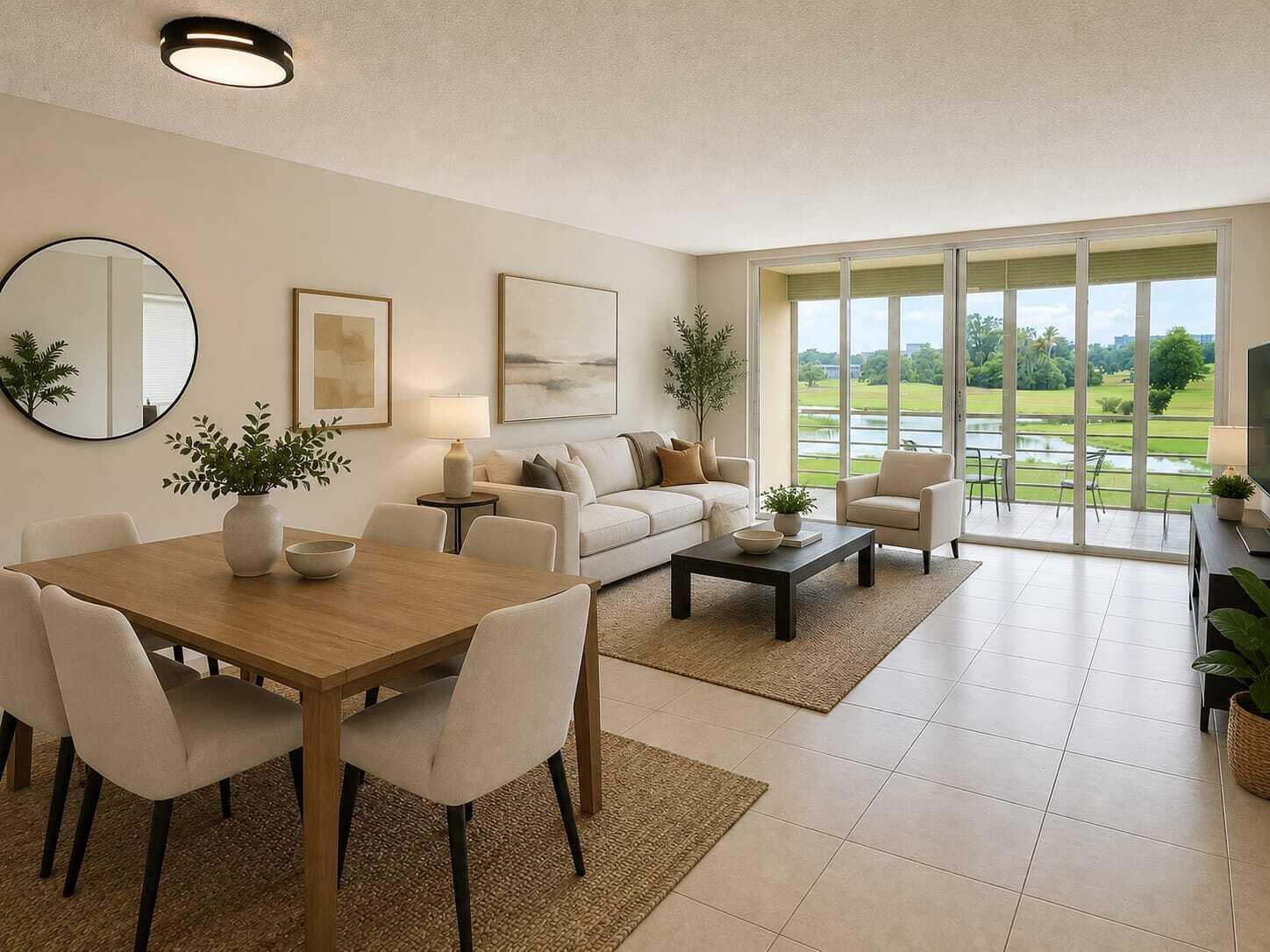 A living and dining area with neutral furniture, tile flooring, and a view of a lake — 2681 S Course Drive # 301, Pompano Beach FL 33069, POMPANO BEACH, FL