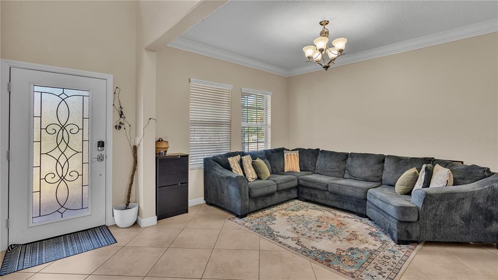 A living room features a large gray sectional sofa, a patterned rug, and a chandelier — 11928 FROST ASTER DRIVE, RIVERVIEW, FL