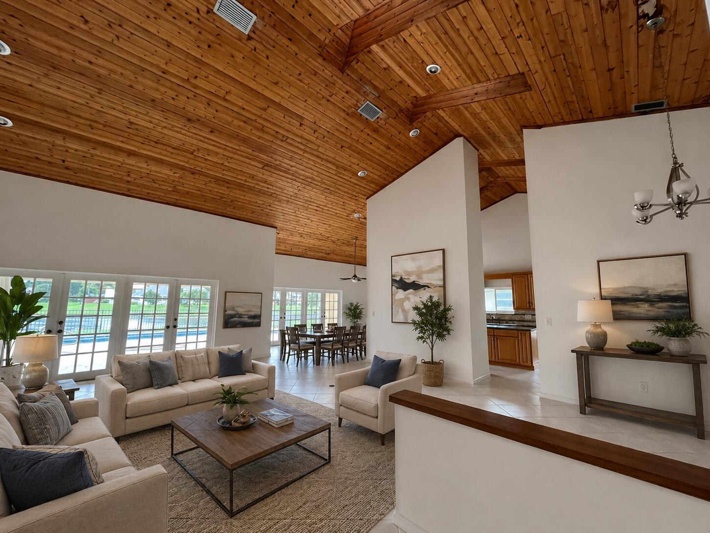 A living room features a vaulted wood-paneled ceiling, white walls, and tile flooring — 4020 NW 24th Ter Terrace, Boca Raton FL 33431, BOCA RATON, FL