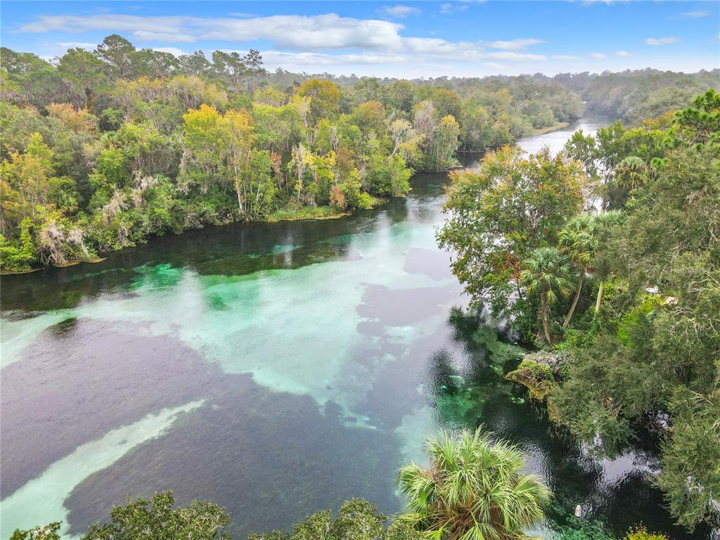 An aerial view of a clear, turquoise spring-fed river surrounded by dense, lush green forest — 19811 SW 95TH STREET, DUNNELLON, FL