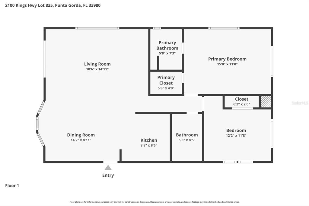 This is a floor plan for a single-story home with two bedrooms and two bathrooms — 2100 KINGS HIGHWAY UNIT 835, PORT CHARLOTTE, FL