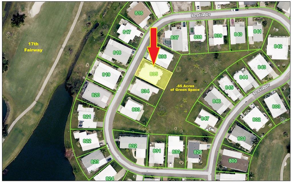 This is an aerial map showing a residential neighborhood with a highlighted lot — 2100 KINGS HIGHWAY UNIT 835, PORT CHARLOTTE, FL