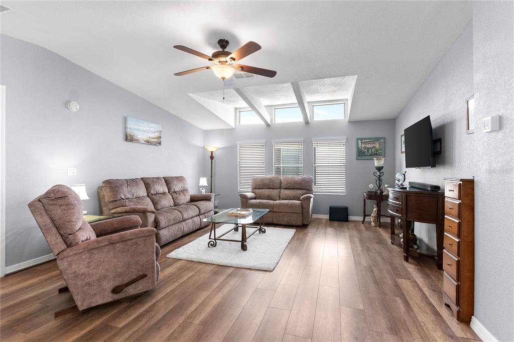 A living room features light gray walls, wood-look flooring, a ceiling fan, and skylights — 9426 STAR GAZER LANE, RIVERVIEW, FL