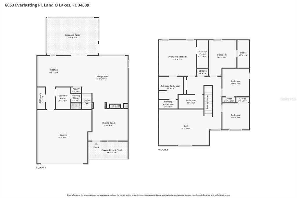 This is a two-story floor plan showing the layout of a residential home — 6053 EVERLASTING PLACE, LAND O LAKES, FL