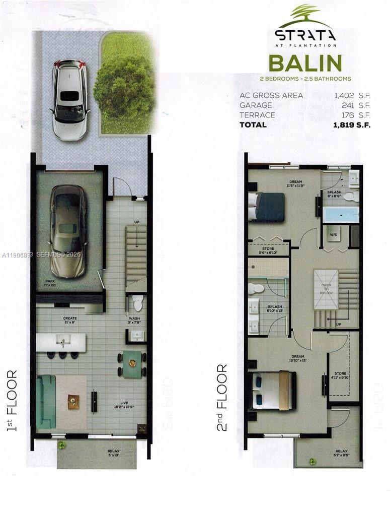 This is a floor plan for a two-story residential unit with two bedrooms and bathrooms — 4500 NW 8th Pl, Plantation FL 33317, PLANTATION, FL
