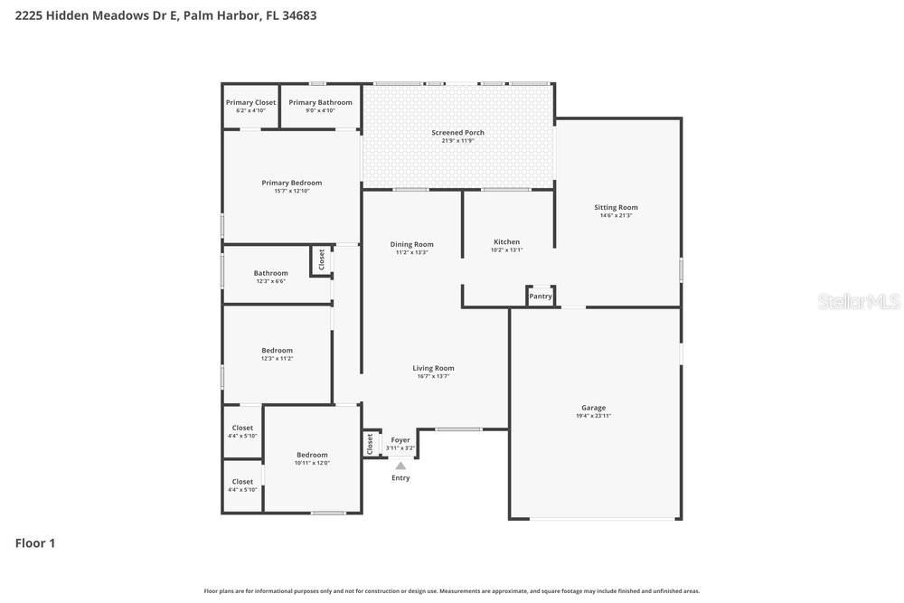 This is a floor plan for a single-story house with a garage and screened porch — 2225 HIDDEN MEADOWS DRIVE E, PALM HARBOR, FL