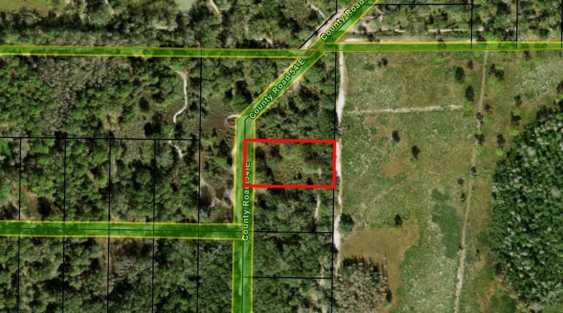 This is an aerial map showing a rectangular property parcel outlined in red — 0 County Rd 54, FL 33849, FL