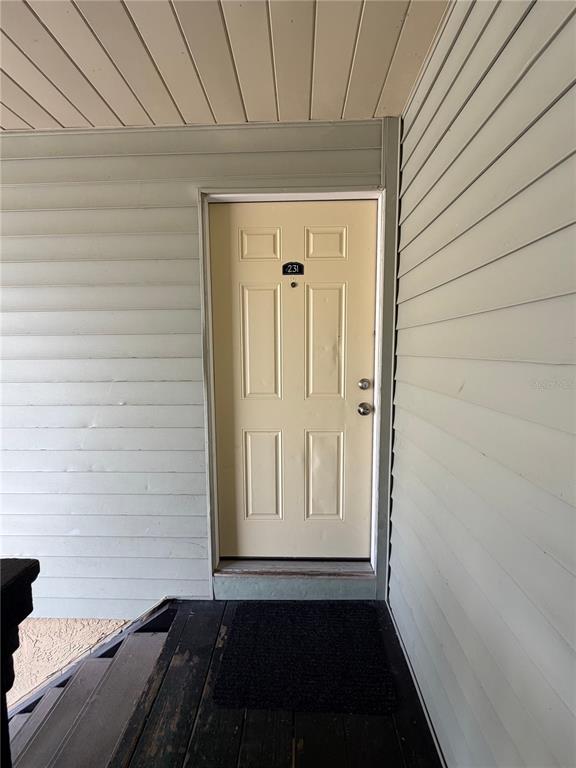 A light-colored door with the number 231 is situated on a wooden porch — 231 BERRY TREE PLACE, BRANDON, FL