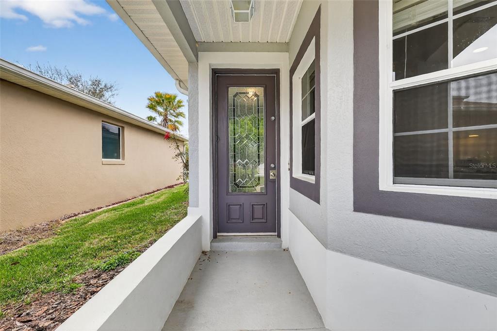 A covered entryway features a dark purple front door with a decorative glass insert — 27106 GREENFLY ORCHID LANE, LEESBURG, FL