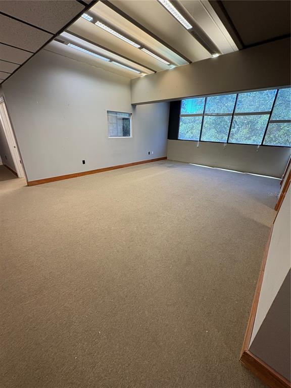 An empty office space features beige carpeting, gray walls, wood trim, and large windows — 375 CENTRAL AVENUE, WINTER HAVEN, FL