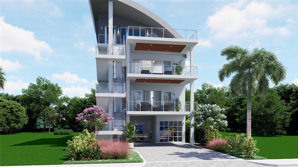 This is a rendering of a modern four-story house with balconies and an attached garage — 6608 S ATLANTIC AVENUE, NEW SMYRNA BEACH, FL