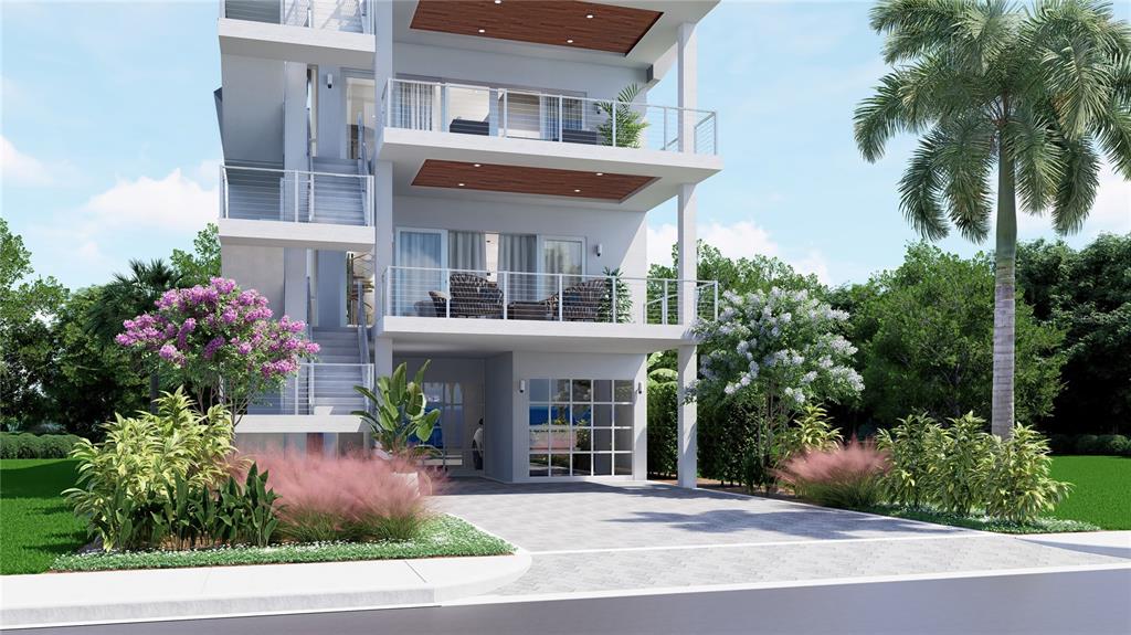 This architectural rendering shows the exterior of a modern three-story home with balconies and landscaping — 6608 S ATLANTIC AVENUE, NEW SMYRNA BEACH, FL