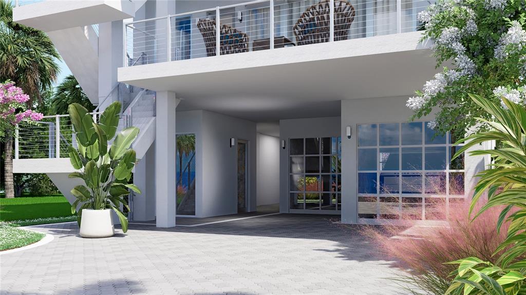 This is a rendering of a modern home exterior featuring a covered patio and garage — 6608 S ATLANTIC AVENUE, NEW SMYRNA BEACH, FL
