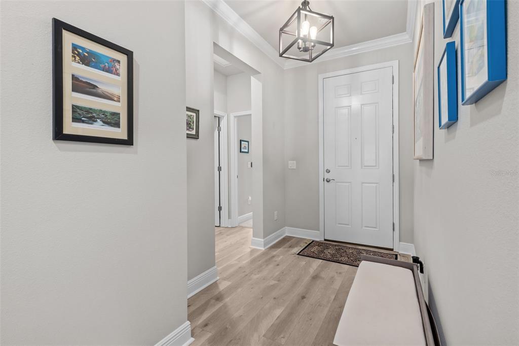 A bright entryway features light wood flooring, a white door, and a modern geometric chandelier — 15180 RENAISSANCE AVENUE, ODESSA, FL