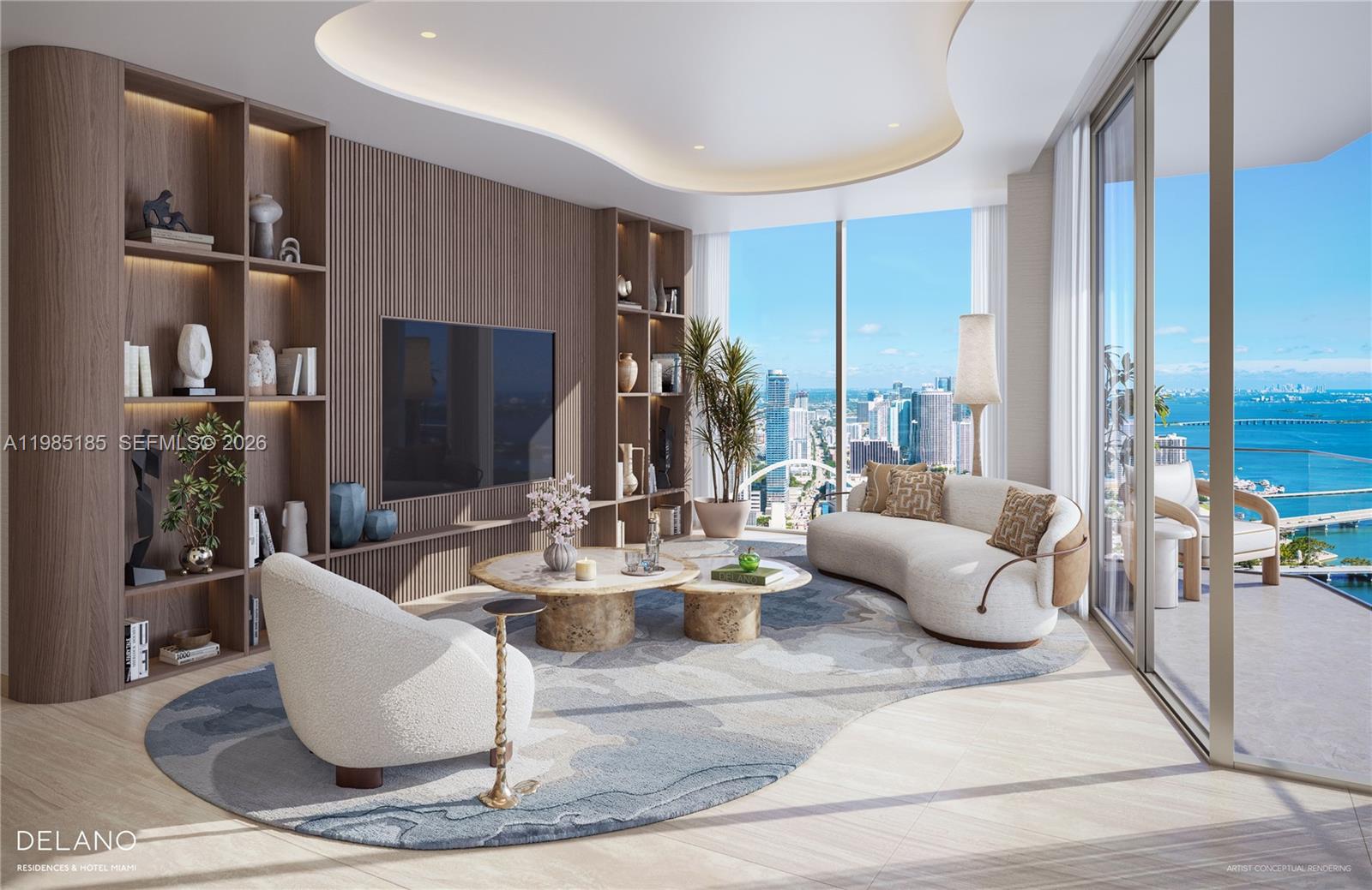 This rendering shows a modern living room with wood paneling, curved furniture, and ocean views — 400 Biscayne Blvd # 5703, Miami FL 33132, MIAMI, FL