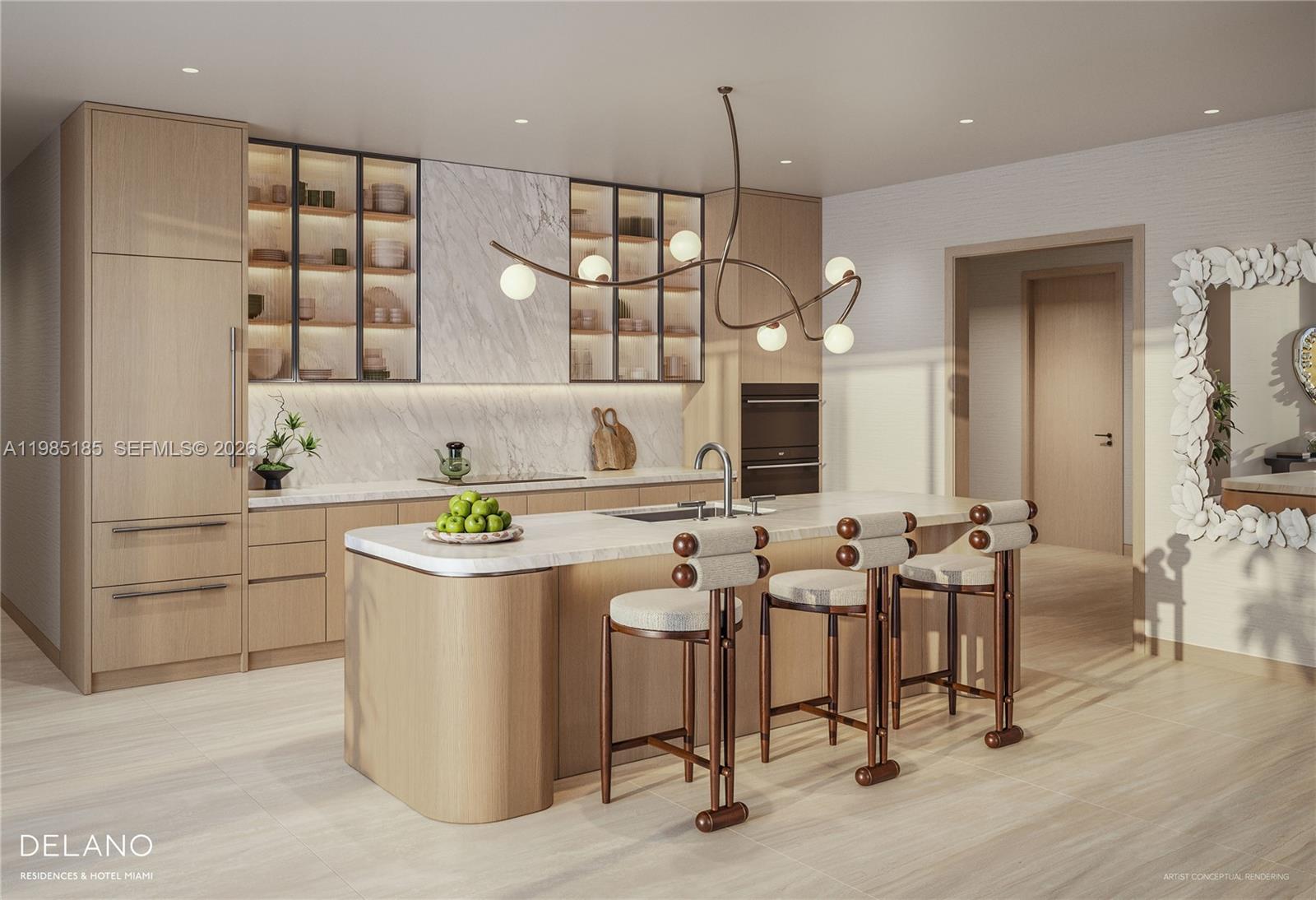 This is a rendering of a modern kitchen featuring light wood cabinetry and a marble island — 400 Biscayne Blvd # 5703, Miami FL 33132, MIAMI, FL