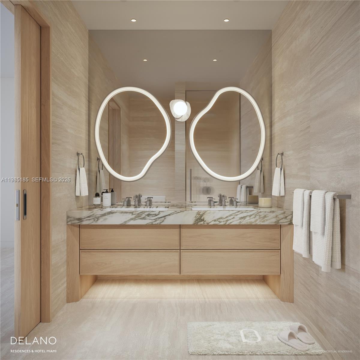 This rendering shows a modern bathroom with a double vanity, marble countertop, and organic-shaped mirrors — 400 Biscayne Blvd # 5703, Miami FL 33132, MIAMI, FL