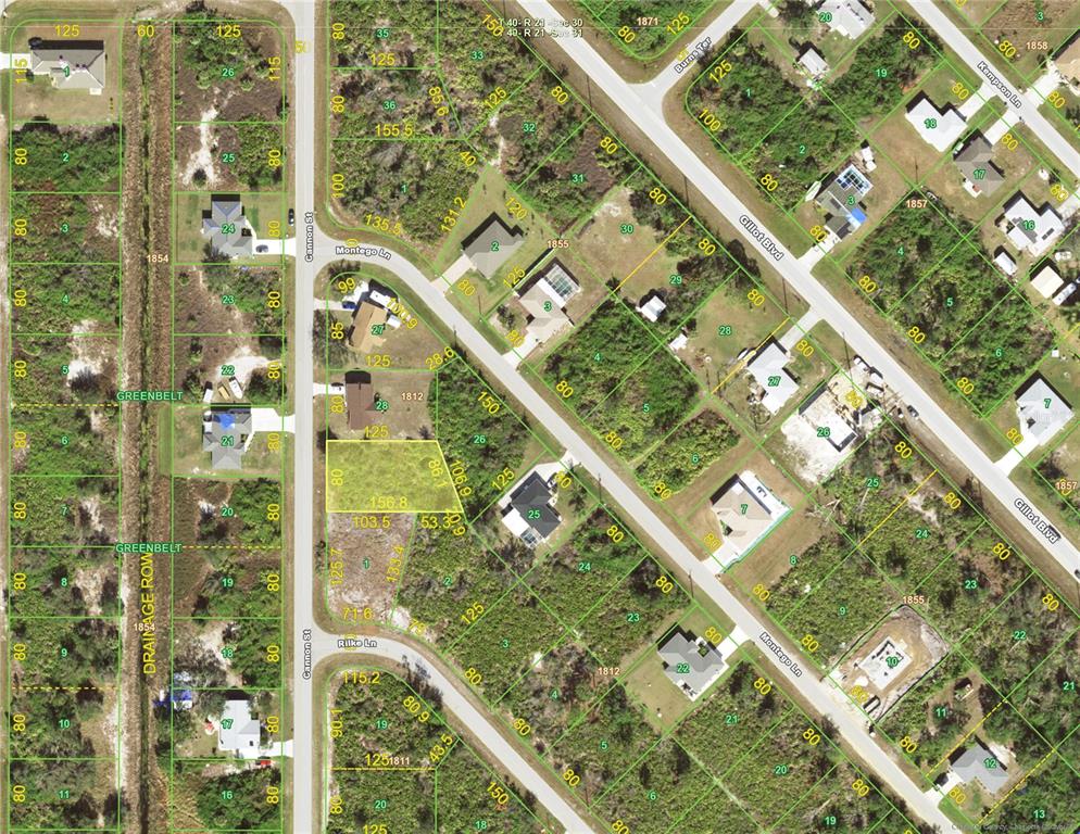 This is an aerial map showing residential lots, streets, and greenbelts in a suburban neighborhood — 5054 CANNON STREET, PORT CHARLOTTE, FL