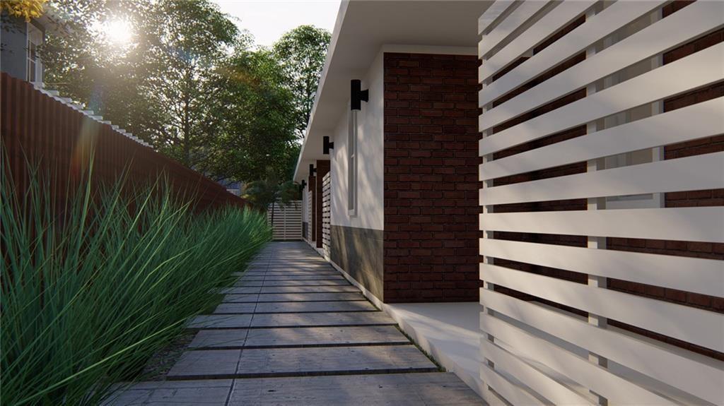 This rendering shows a modern exterior walkway lined with concrete pavers, brick walls, and slats — 201 NW 12th Street # 1, Pompano Beach FL 33060, POMPANO BEACH, FL