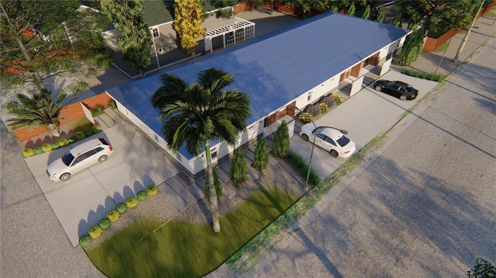 This is a digital rendering of a modern single-story building with a blue metal roof — 201 NW 12th Street # 1, Pompano Beach FL 33060, POMPANO BEACH, FL