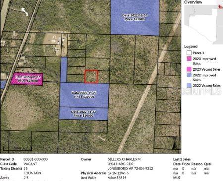This map shows a land parcel outlined in red with surrounding property sales data — N/A, FOUNTAIN, FL