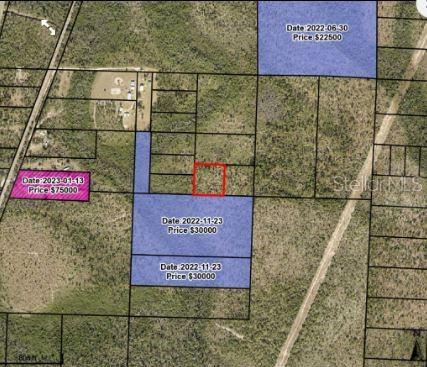 This map shows a red-outlined parcel of land surrounded by other lots with pricing data — N/A, FOUNTAIN, FL