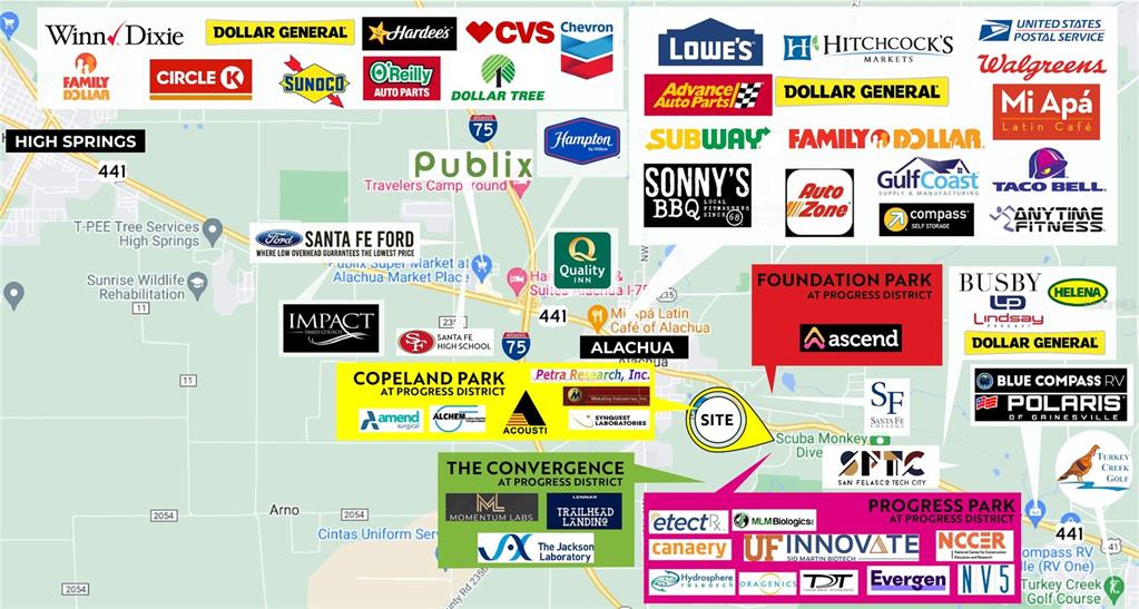 This is a map showing the locations of various businesses and facilities in Alachua — 13859 PROGRESS BOULEVARD UNIT 200, ALACHUA, FL