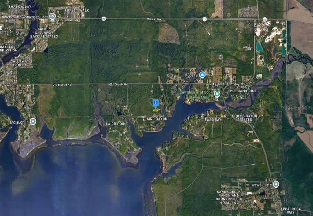 This is an aerial map showing Laird Bayou and surrounding residential areas in Florida — 736 VISTA DEL SOL LANE, PANAMA CITY, FL