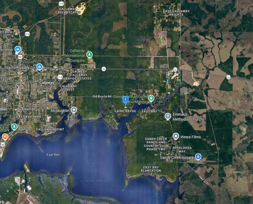 This is a satellite map showing the area around East Bay in Callaway, Florida — 736 VISTA DEL SOL LANE, PANAMA CITY, FL