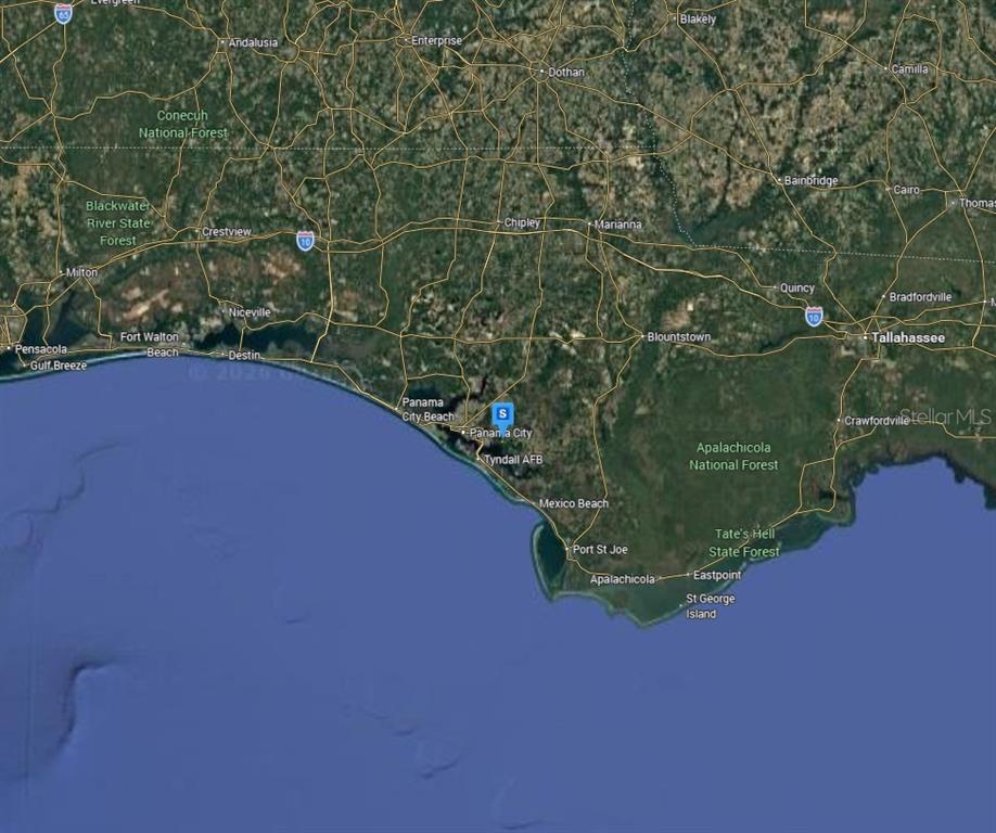 This is a satellite map showing the Florida Panhandle coastline and surrounding inland areas — 736 VISTA DEL SOL LANE, PANAMA CITY, FL