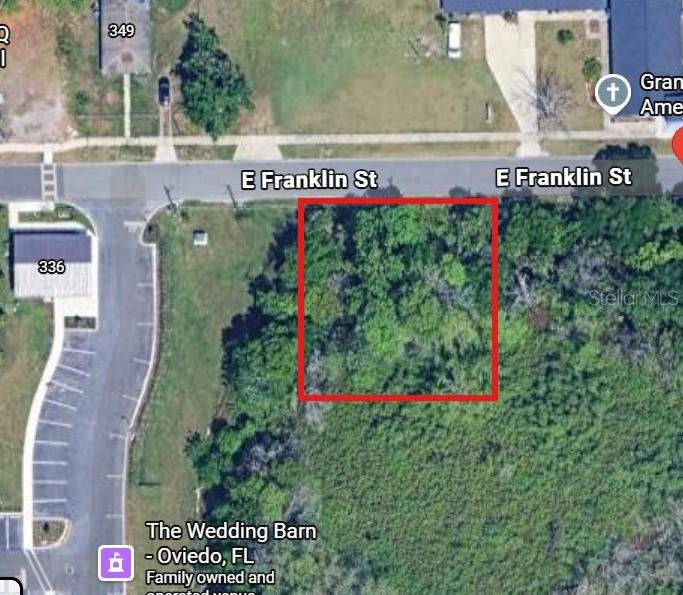 This is an aerial map view of a wooded, rectangular vacant lot — FRANKLIN STREET, OVIEDO, FL