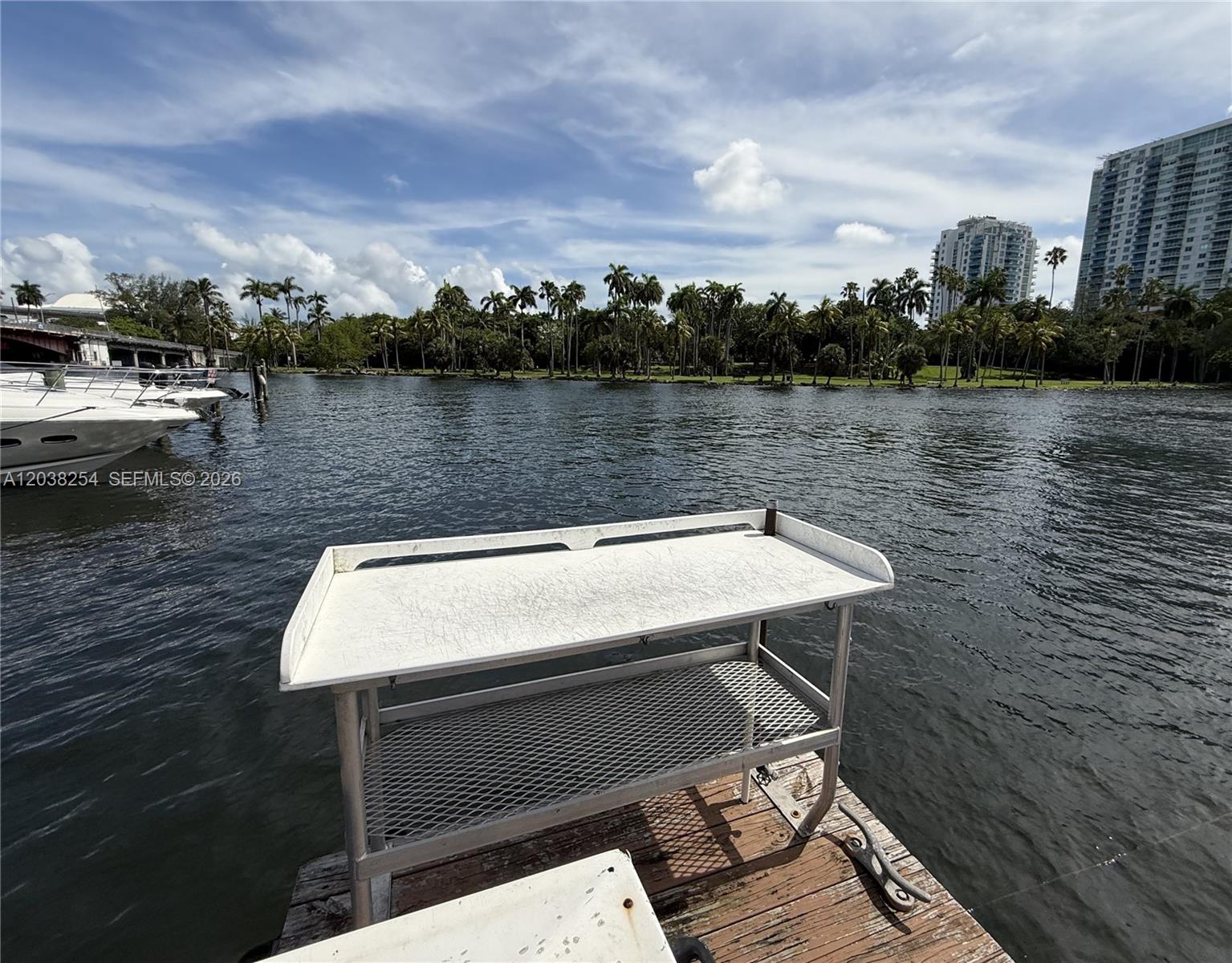 A metal cleaning table stands on a wooden dock overlooking a waterway and buildings — 1700 NW North River Dr, Miami FL 33125, MIAMI, FL