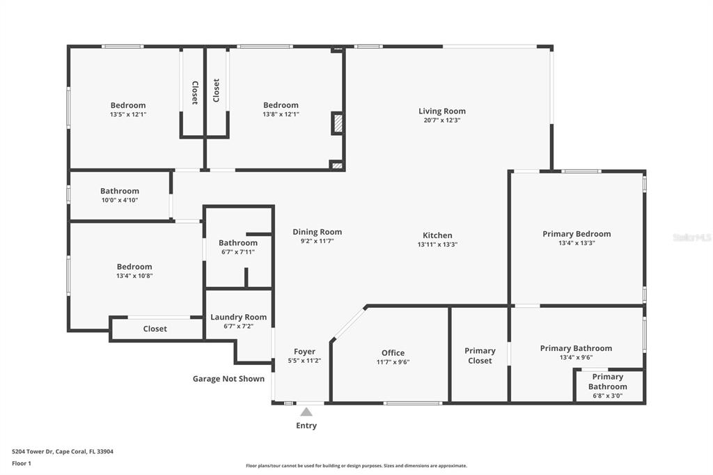 This is a floor plan of a single-story house with four bedrooms and an office — 5204 TOWER DRIVE, CAPE CORAL, FL