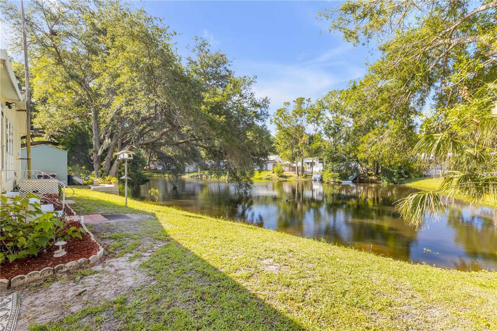 A grassy backyard overlooks a small pond surrounded by mature trees and neighboring homes — 530 MILL RUN DRIVE, NEW SMYRNA BEACH, FL