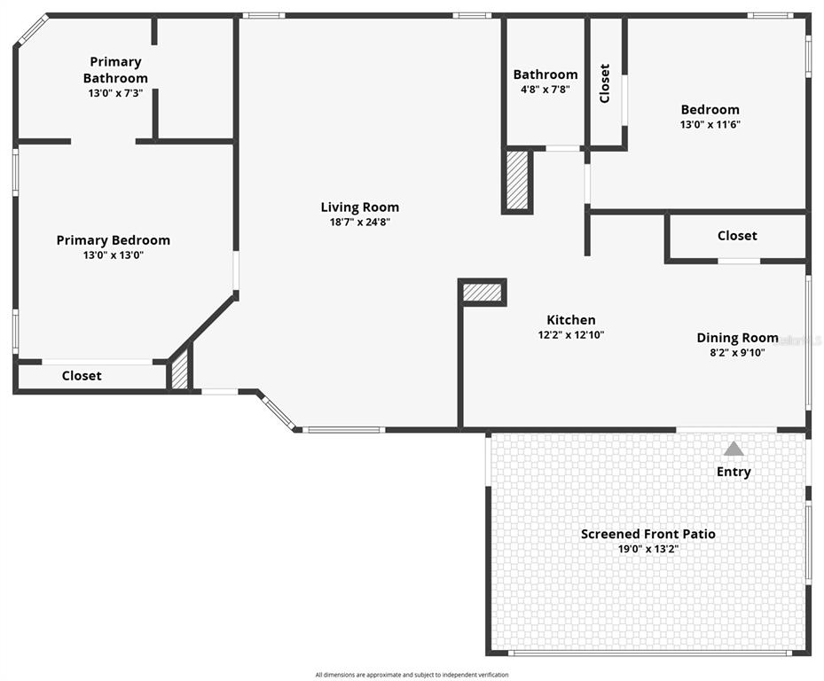 This is a floor plan of a two-bedroom, two-bathroom apartment with a screened front patio — 530 MILL RUN DRIVE, NEW SMYRNA BEACH, FL